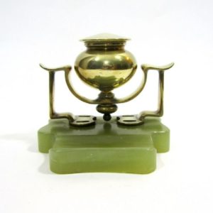 EARLY 20TH CENTURY BRASS & ALABASTER INKWELL