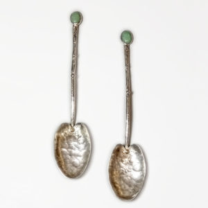 2 Silver Spoons by Narissa Mather, hand made with green stones inset at the top of each silver stem