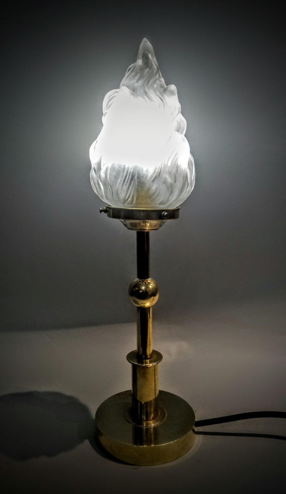 Art Deco Brass Table Lamp With Flame, Table Flame Lamp